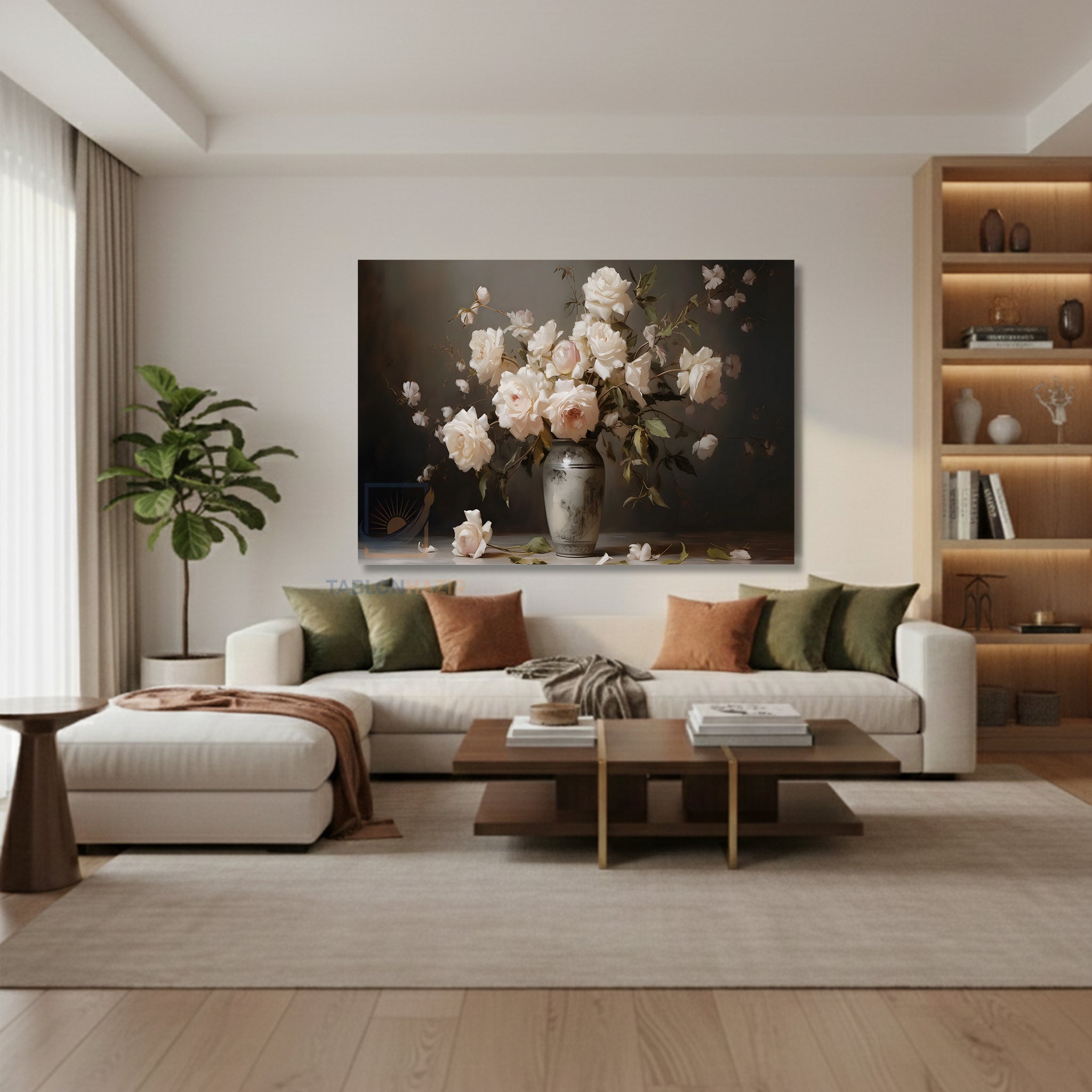 Yatay Kanvas Duvar Tablosu Vazodabeyazguller Salon Tablosu Ofis Tablosu Yeni Ev Hediyesi Dekorasyon