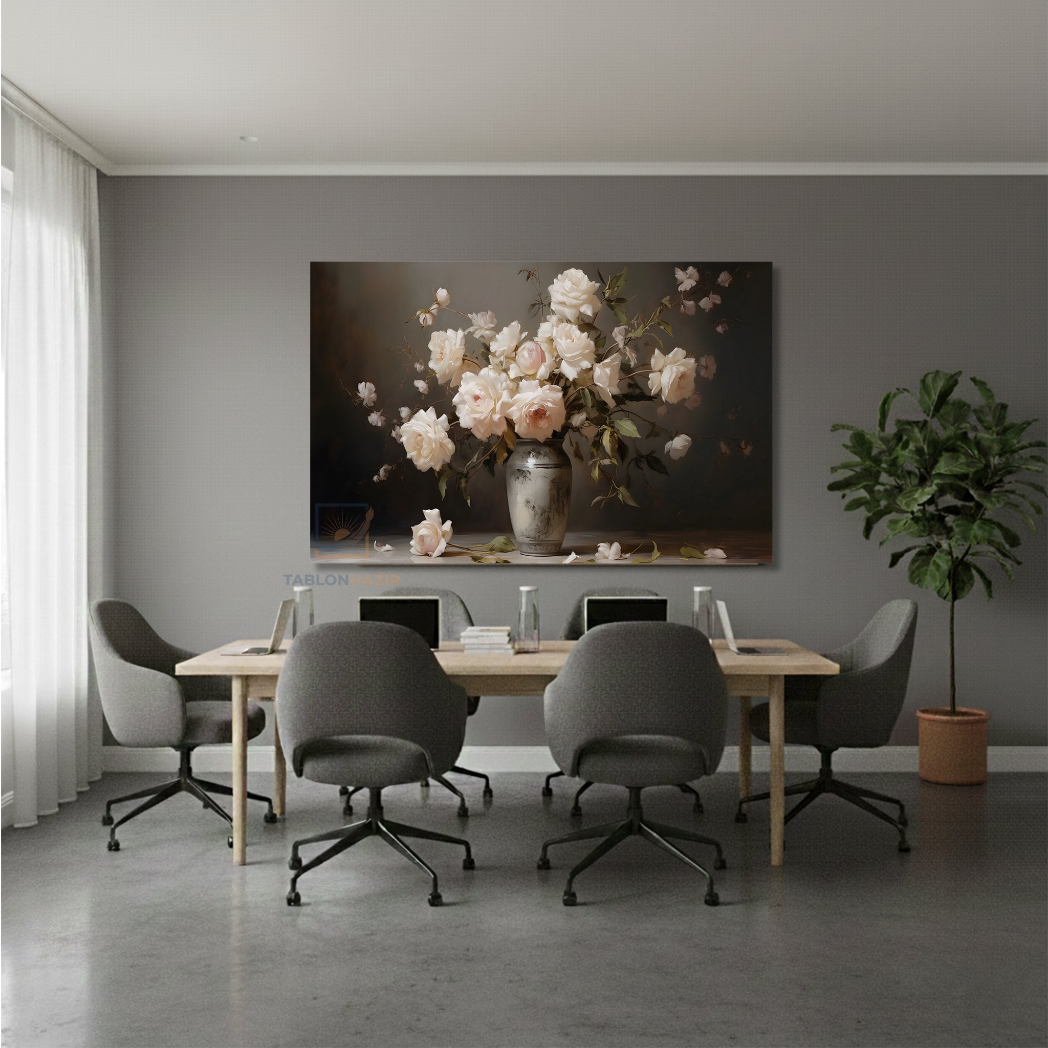 Yatay Kanvas Duvar Tablosu Vazodabeyazguller Salon Tablosu Ofis Tablosu Yeni Ev Hediyesi Dekorasyon