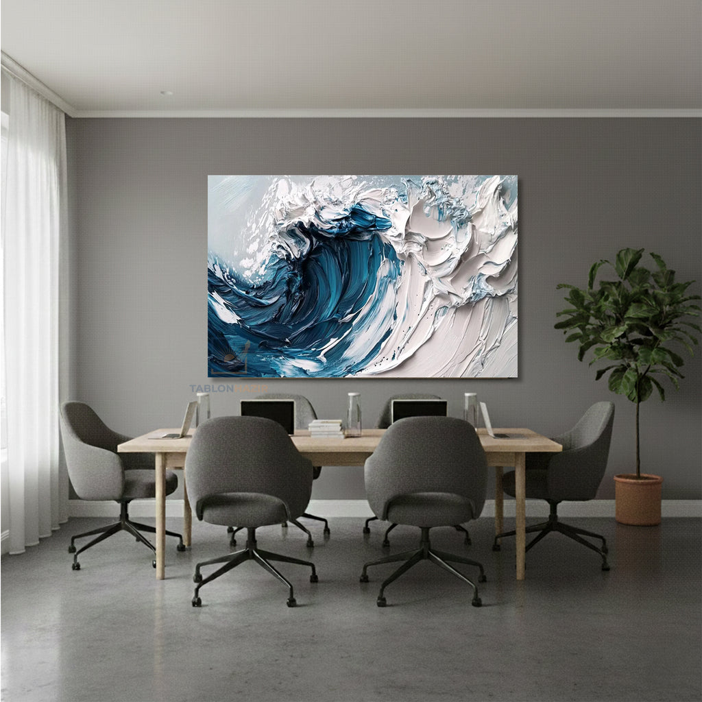 Yatay Kanvas Duvar Tablosu Beyaz Mavi Soyut Salon Tablosu Ofis Tablosu Yeni Ev Hediyesi Dekorasyon