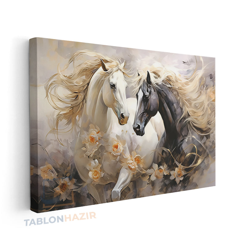 Yatay Kanvas Duvar Tablosu Cift At Siyahbeyaz Salon Tablosu Ofis Tablosu Yeni Ev Hediyesi Dekorasyon