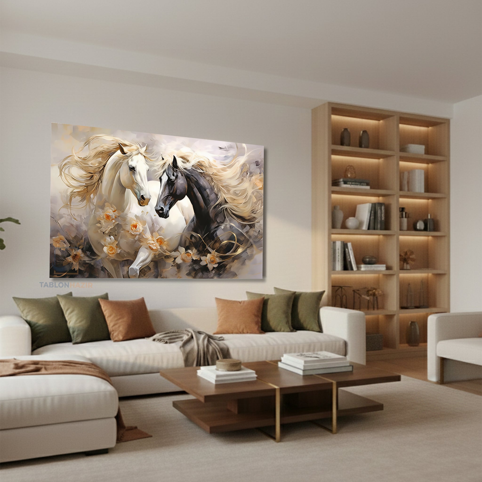 Yatay Kanvas Duvar Tablosu Cift At Siyahbeyaz Salon Tablosu Ofis Tablosu Yeni Ev Hediyesi Dekorasyon