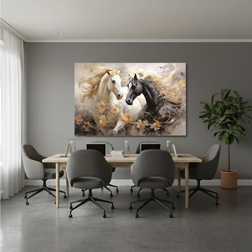 Yatay Kanvas Duvar Tablosu Cift At Siyahbeyaz Salon Tablosu Ofis Tablosu Yeni Ev Hediyesi Dekorasyon