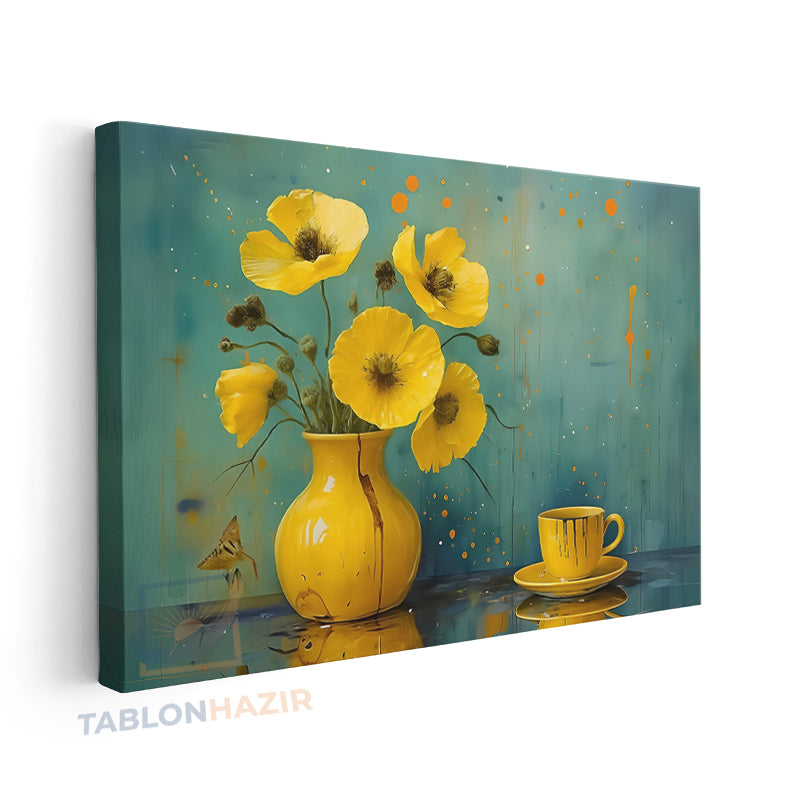 Yatay Kanvas Duvar Tablosu Sari Vazo Fincan Salon Tablosu Ofis Tablosu Yeni Ev Hediyesi Dekorasyon