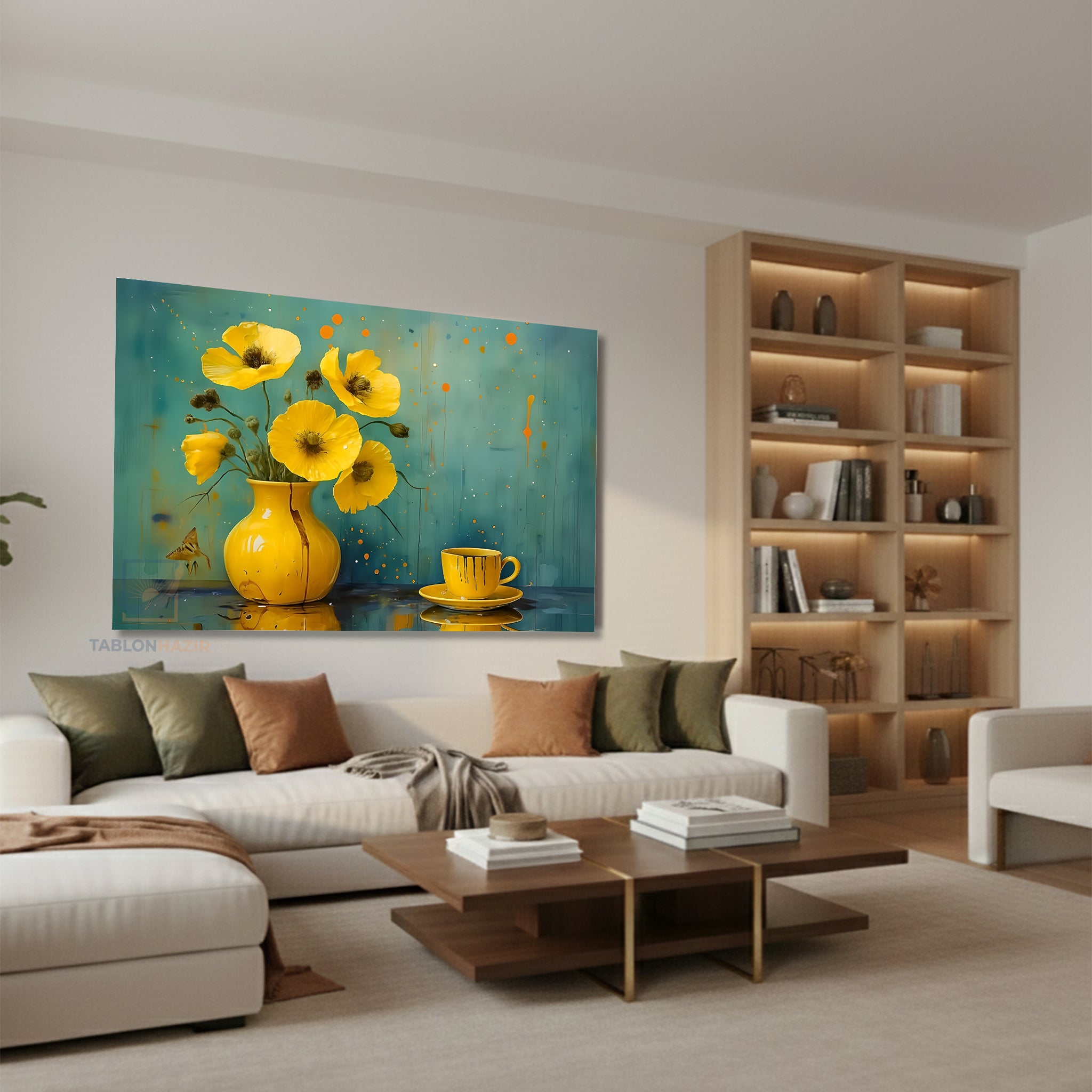 Yatay Kanvas Duvar Tablosu Sari Vazo Fincan Salon Tablosu Ofis Tablosu Yeni Ev Hediyesi Dekorasyon