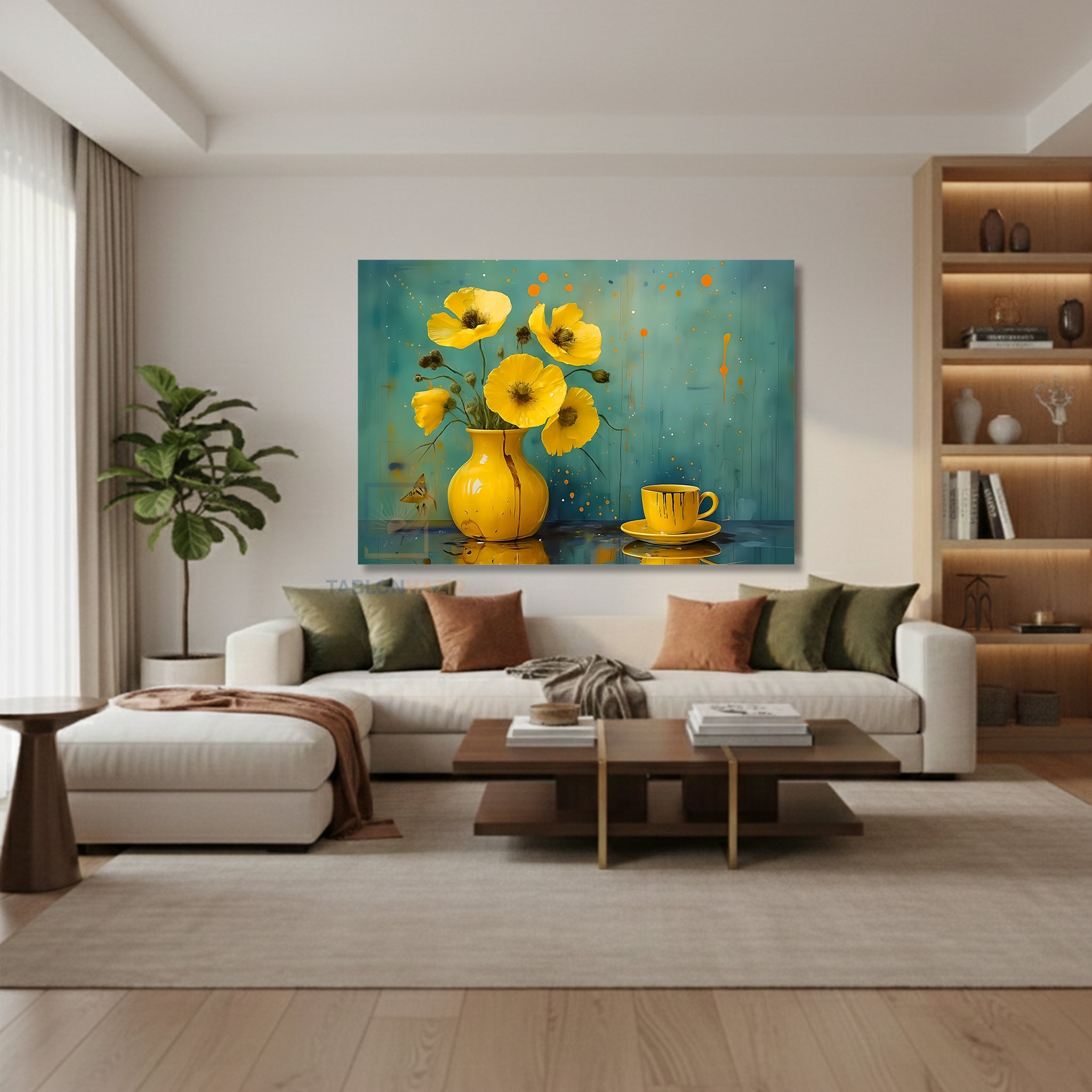 Yatay Kanvas Duvar Tablosu Sari Vazo Fincan Salon Tablosu Ofis Tablosu Yeni Ev Hediyesi Dekorasyon