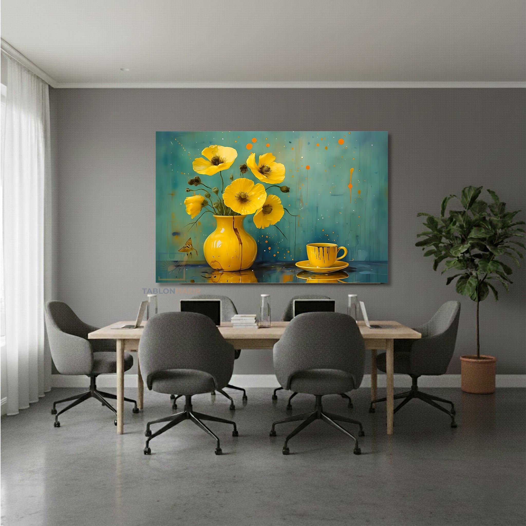 Yatay Kanvas Duvar Tablosu Sari Vazo Fincan Salon Tablosu Ofis Tablosu Yeni Ev Hediyesi Dekorasyon