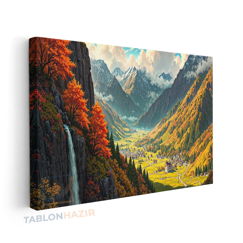 Yatay Kanvas Duvar Tablosu Selale Yaninda Sehir Salon Tablosu Ofis Tablosu Ev Hediyesi Dekorasyon