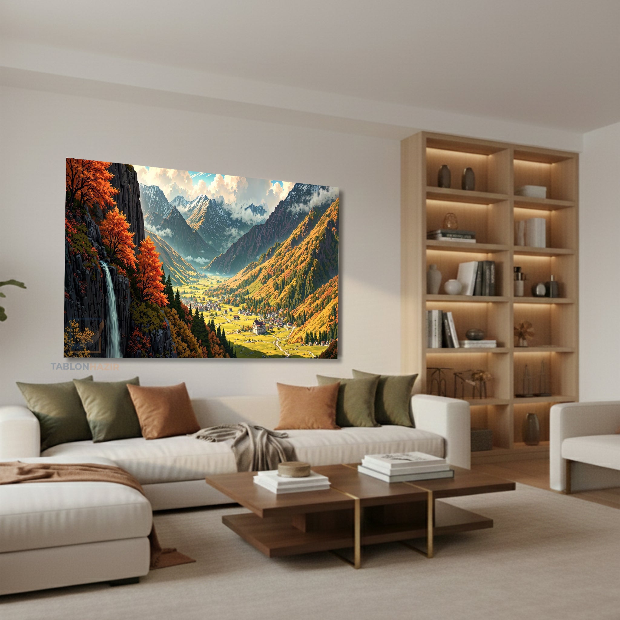 Yatay Kanvas Duvar Tablosu Selale Yaninda Sehir Salon Tablosu Ofis Tablosu Ev Hediyesi Dekorasyon