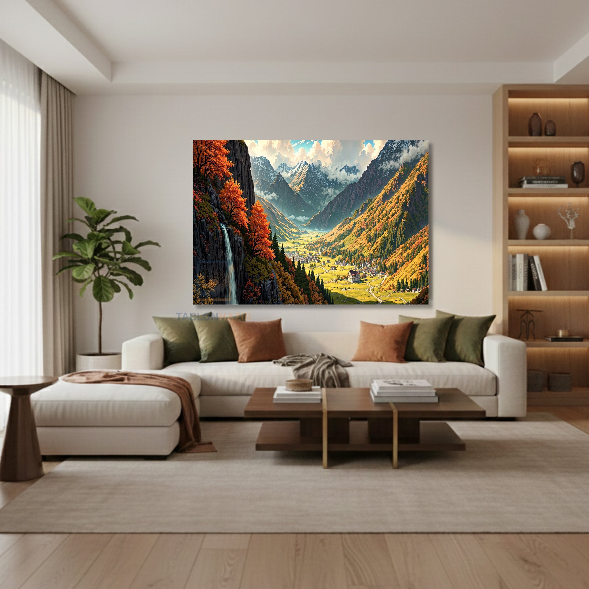 Yatay Kanvas Duvar Tablosu Selale Yaninda Sehir Salon Tablosu Ofis Tablosu Ev Hediyesi Dekorasyon