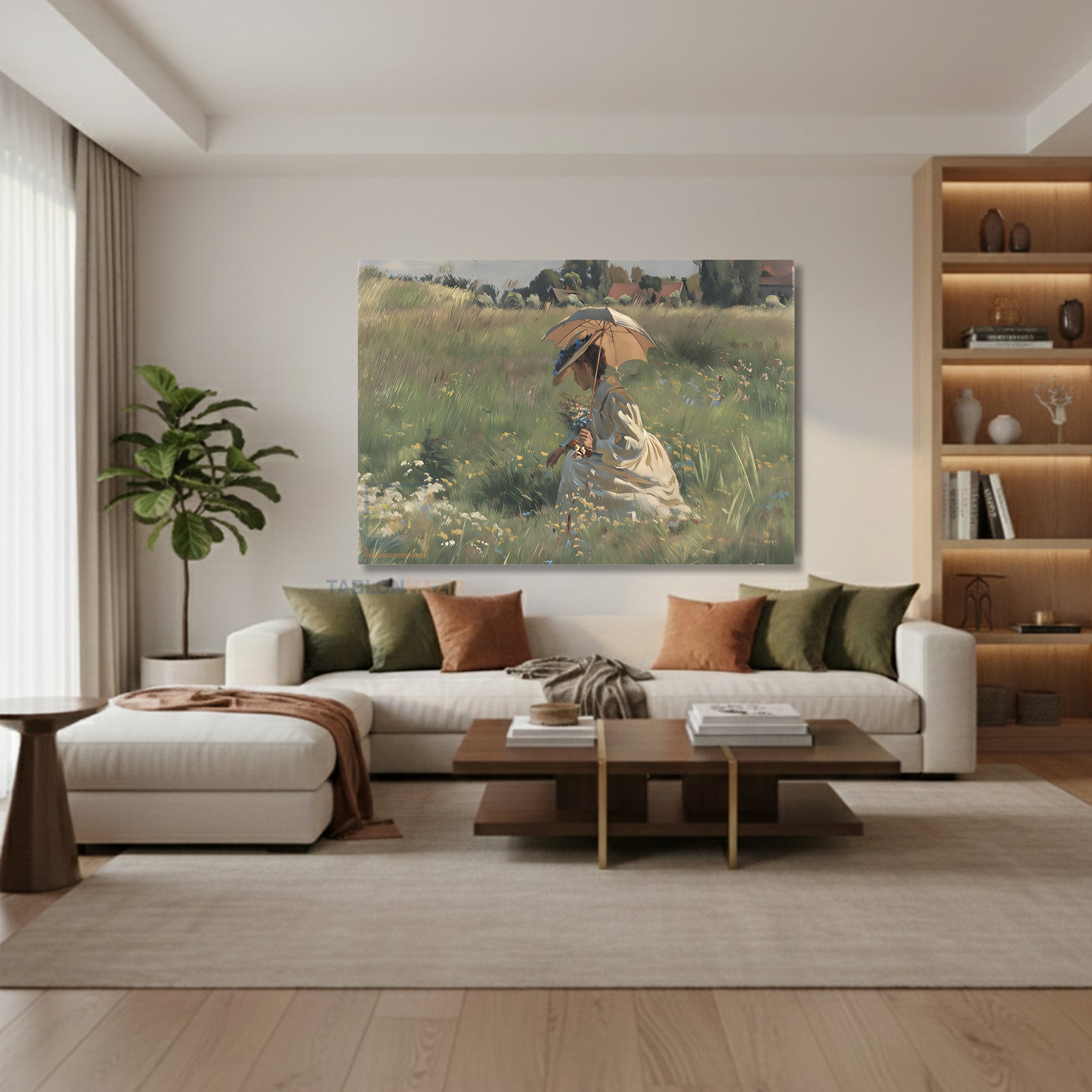 Yatay Kanvas Duvar Tablosu Semsiyeli Kadin Salon Tablosu Ofis Tablosu Yeni Ev Hediyesi Dekorasyon