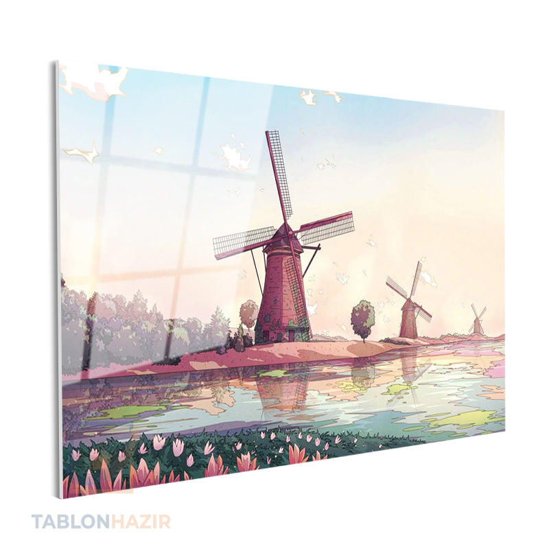 Yatay Cam Tablo Salon Duvar Tablosu Yeldegirmeni Cizim Yeni Ev Hediyesi Ofis Tablosu