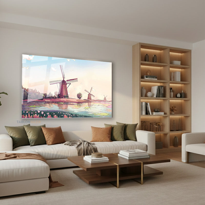 Yatay Cam Tablo Salon Duvar Tablosu Yeldegirmeni Cizim Yeni Ev Hediyesi Ofis Tablosu