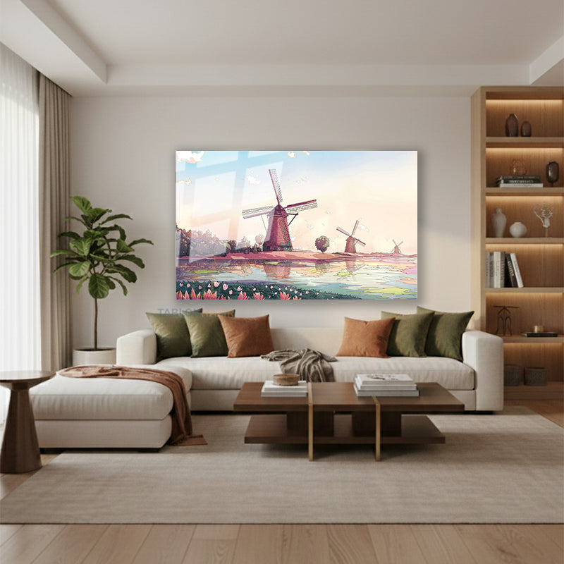 Yatay Cam Tablo Salon Duvar Tablosu Yeldegirmeni Cizim Yeni Ev Hediyesi Ofis Tablosu