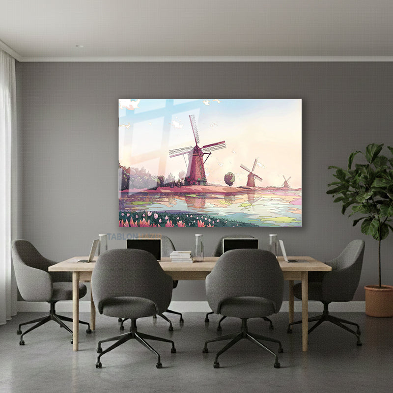 Yatay Cam Tablo Salon Duvar Tablosu Yeldegirmeni Cizim Yeni Ev Hediyesi Ofis Tablosu