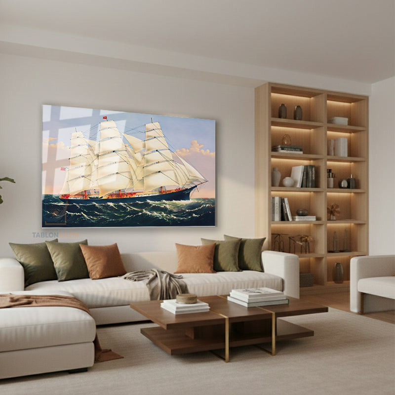 Yatay Cam Tablo Salon Duvar Tablosu Yelkenligemi Yeni Ev Hediyesi Ofis Tablosu