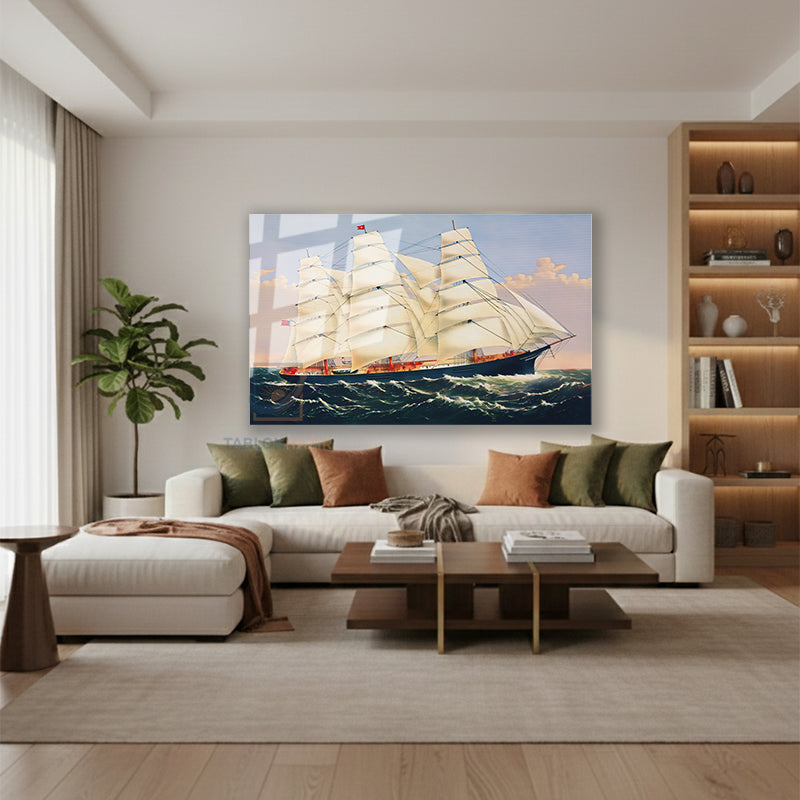 Yatay Cam Tablo Salon Duvar Tablosu Yelkenligemi Yeni Ev Hediyesi Ofis Tablosu