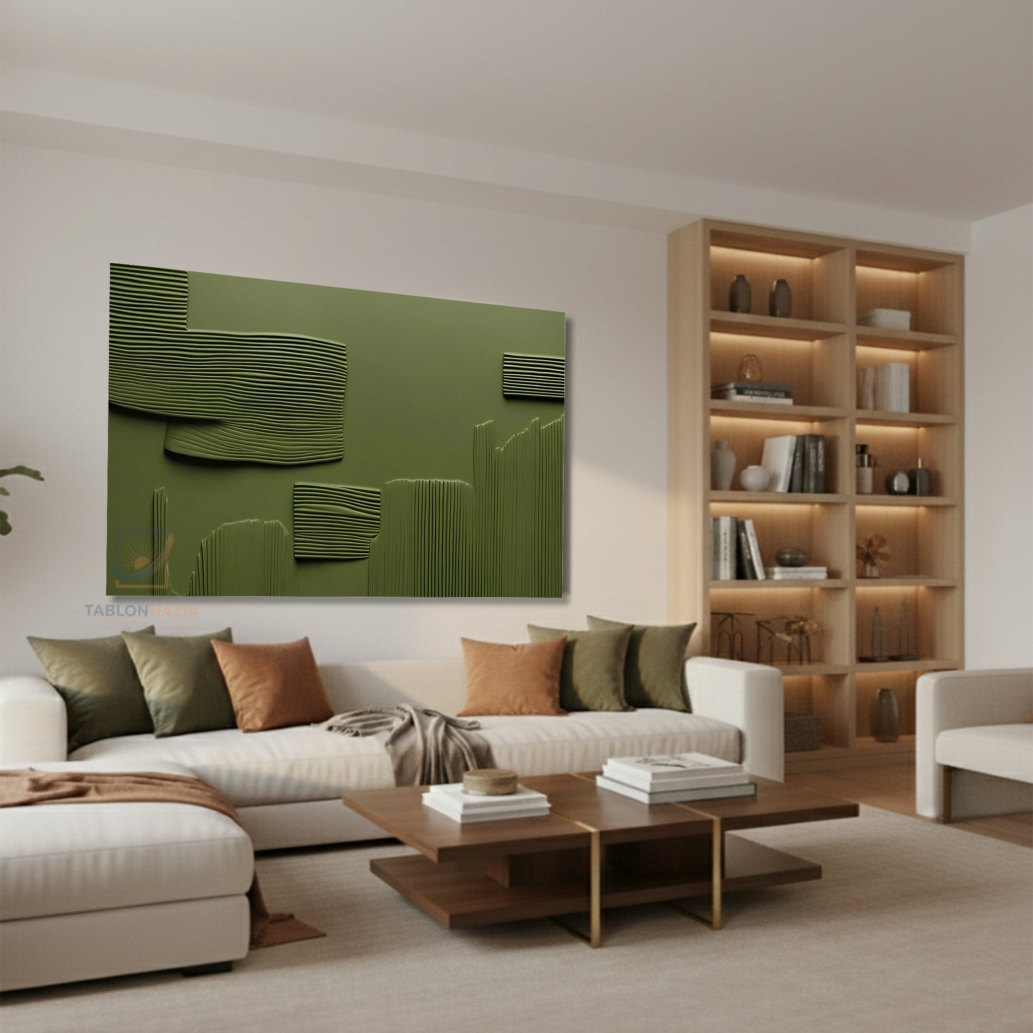 Yatay Kanvas Duvar Tablosu Yesil Cizgiler Soyut Salon Tablosu Ofis Tablosu Ev Hediyesi Dekorasyon
