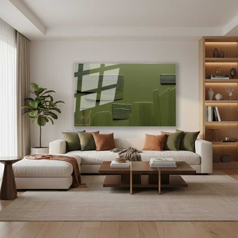Yatay Cam Tablo Salon Duvar Tablosu Yesil Cizgiler Soyut Yeni Ev Hediyesi Ofis Tablosu