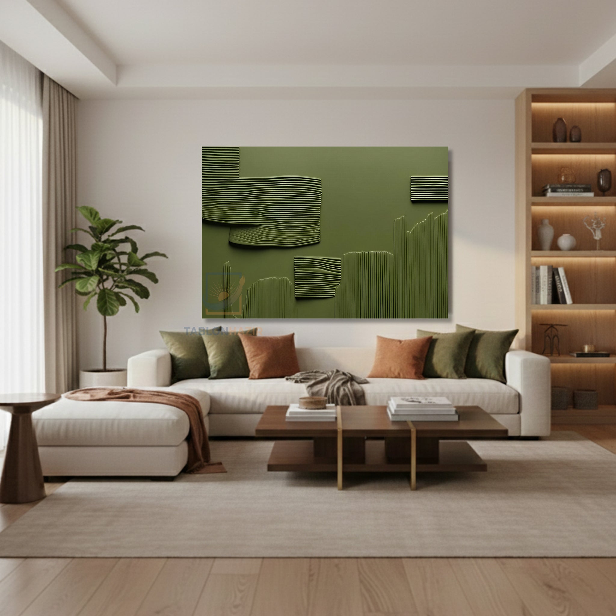 Yatay Kanvas Duvar Tablosu Yesil Cizgiler Soyut Salon Tablosu Ofis Tablosu Ev Hediyesi Dekorasyon
